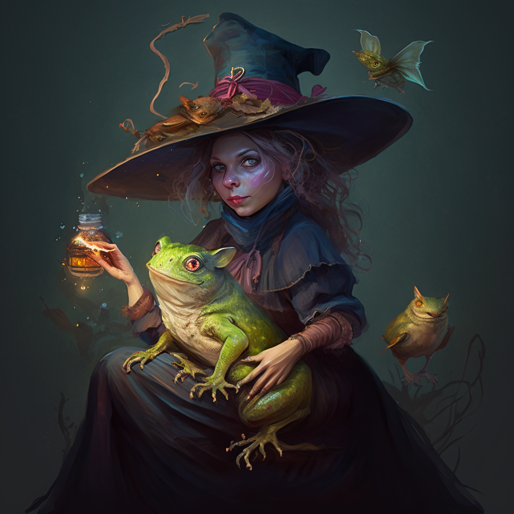 Small witch with a large frog in her lap