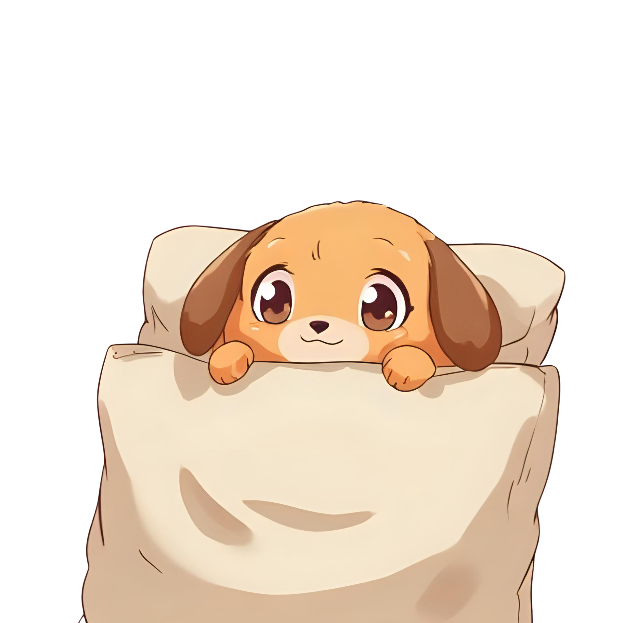 Illustration of a stuffed dog in a pillowcase